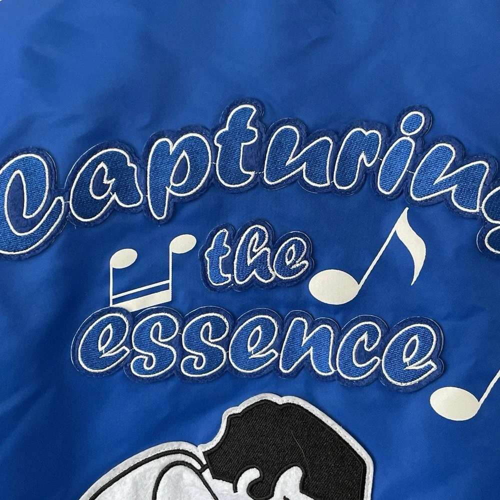 Zara Capturing The Essence Varsity Bomber Jacket Mens M Blue Graphics Academia